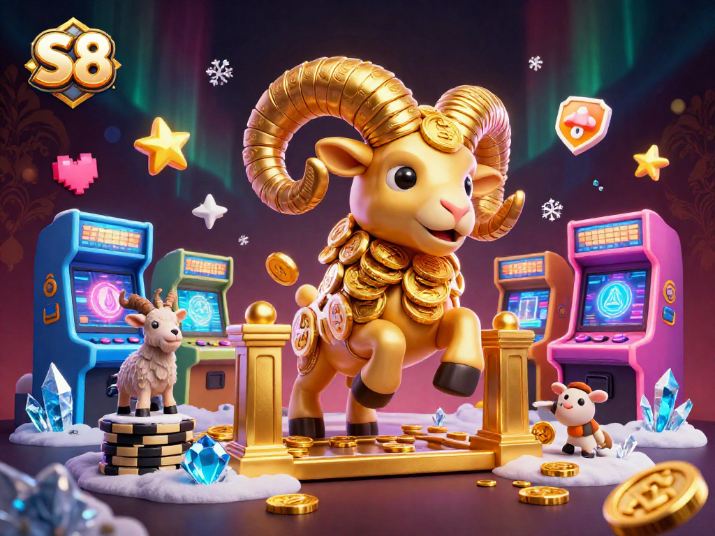 S8 engages players with a dynamic casino scene featuring golden ram and game machines.