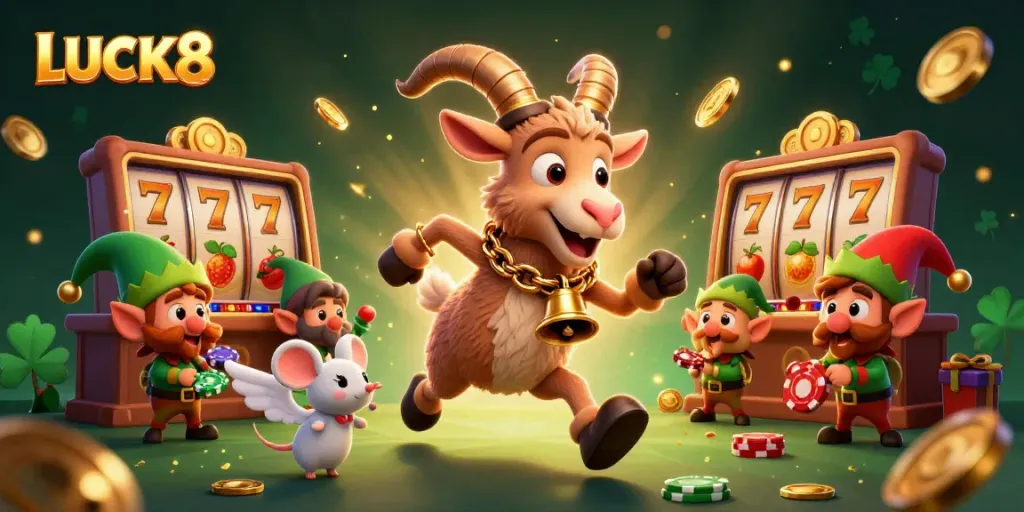 LUCK8 festive-themed casino scene with cartoon characters and dynamic gaming elements.