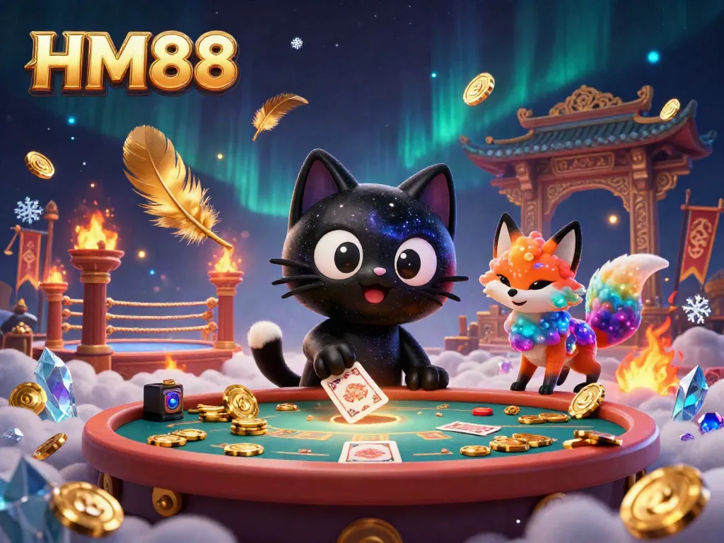 Experience top-tier gaming at HM88's cosmic casino with vibrant characters and golden betting tokens.