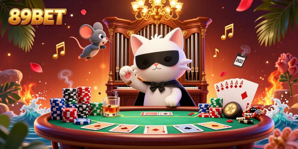 Engage with 89BET's vibrant casino experience illustrated in a rich 3D scene featuring poker elements and lively characters.