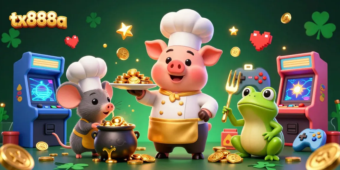 Experience exhilarating gameplay at tx888a with our vibrant 3D illustration of a chef pig serving up gold coins amidst colorful arcade equipment.