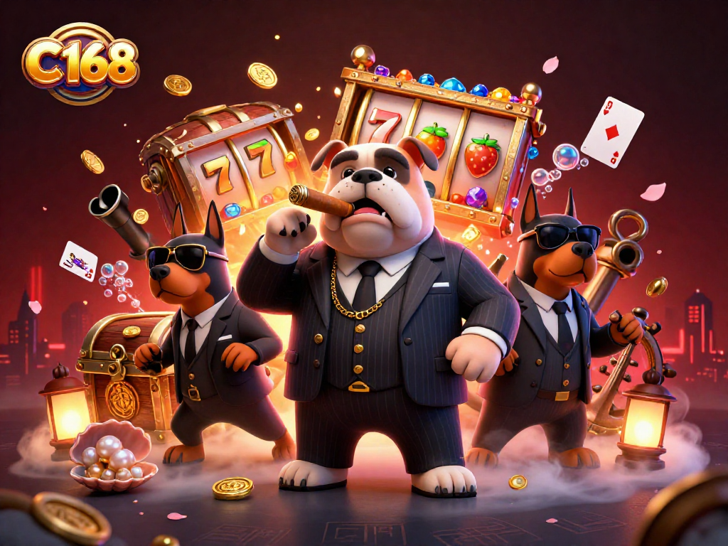 C168 slot gaming scene featuring a bulldog mafia boss and Doberman bodyguards in a vibrant casino background.