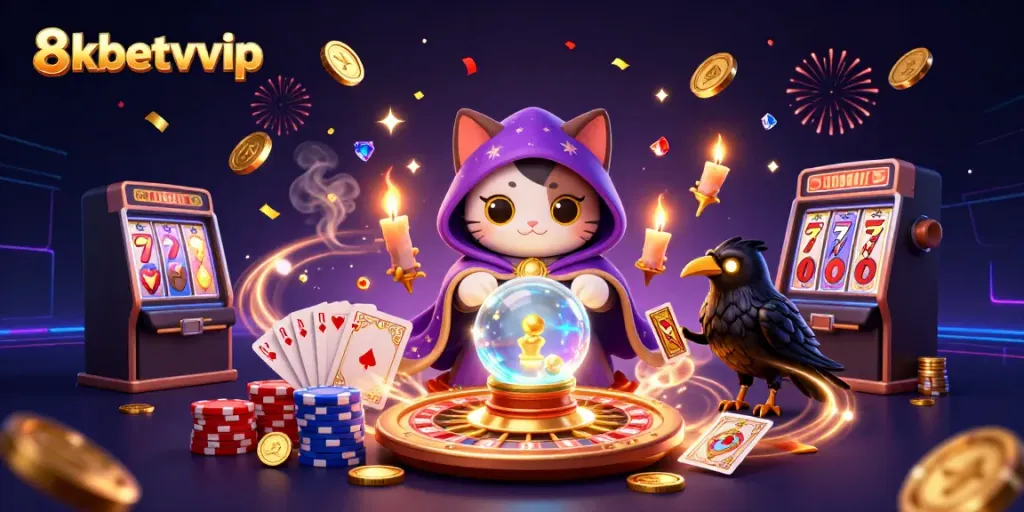 Experience the magic of 8kbetvvip with captivating fortune teller characters and exciting casino elements.