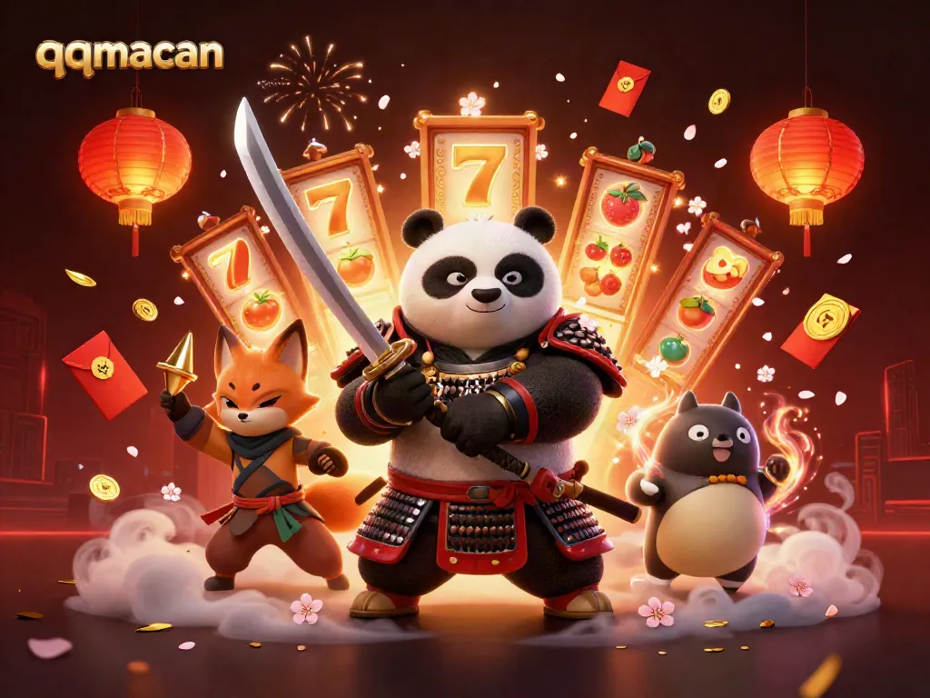 Experience thrilling wins with qqmacan's vibrant slots and dynamic characters in a mesmerizing casino scene.