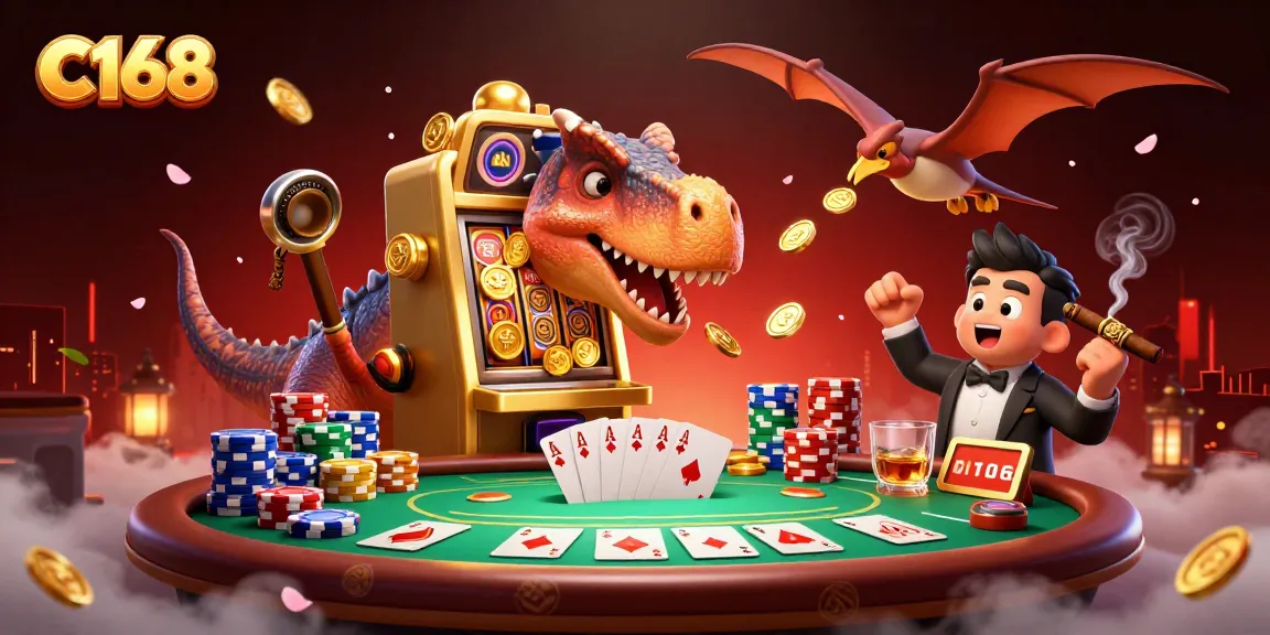 C168 online casino scene featuring a pachycephalosaurus winning coins from a slot machine, with dynamic casino elements around.