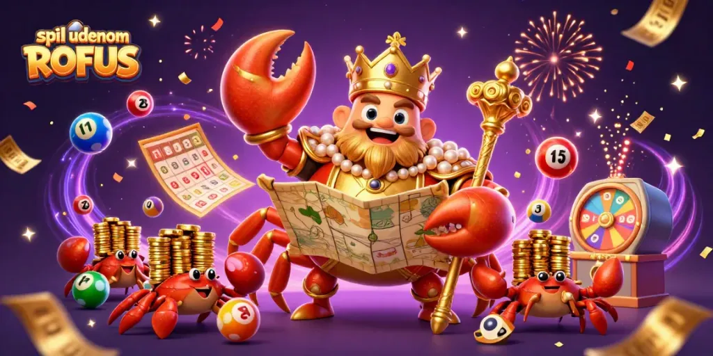 Experience thrilling gameplay at spil uden om ROFUS featuring vibrant gaming elements and a majestic crab emperor.