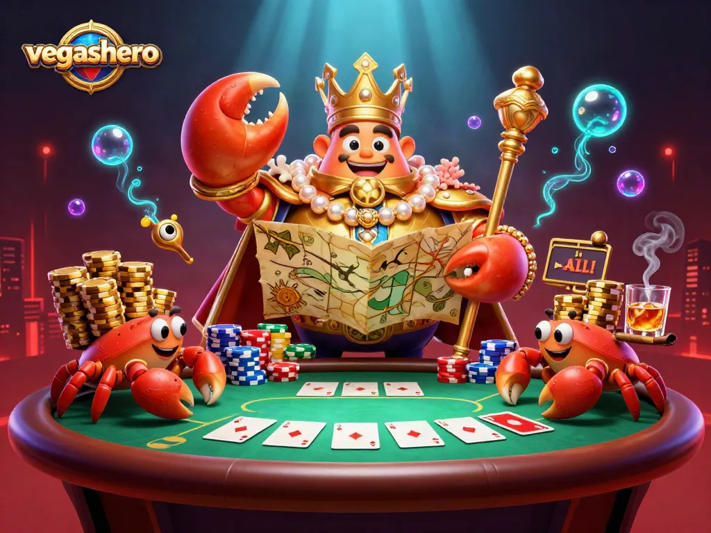 Experience the excitement of vegashero poker with a golden crab emperor and vibrant game elements.