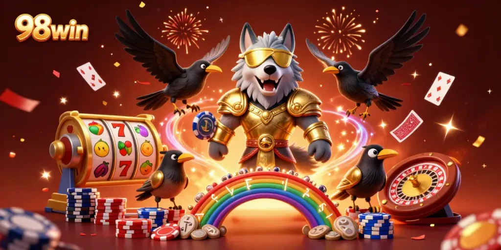 Experience exciting wins with 98win's casino gaming illustration showcasing dynamic characters and vibrant elements.