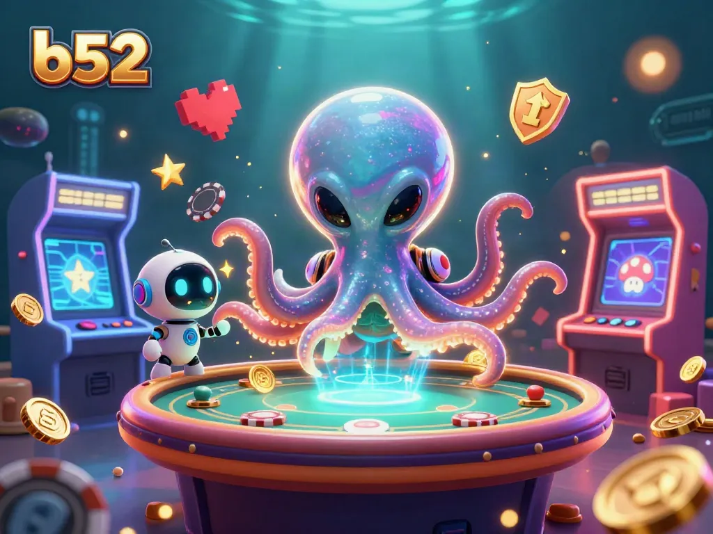 Play exciting poker at b52 with a vibrant underwater casino scene featuring a cosmic octopus and glowing chips.