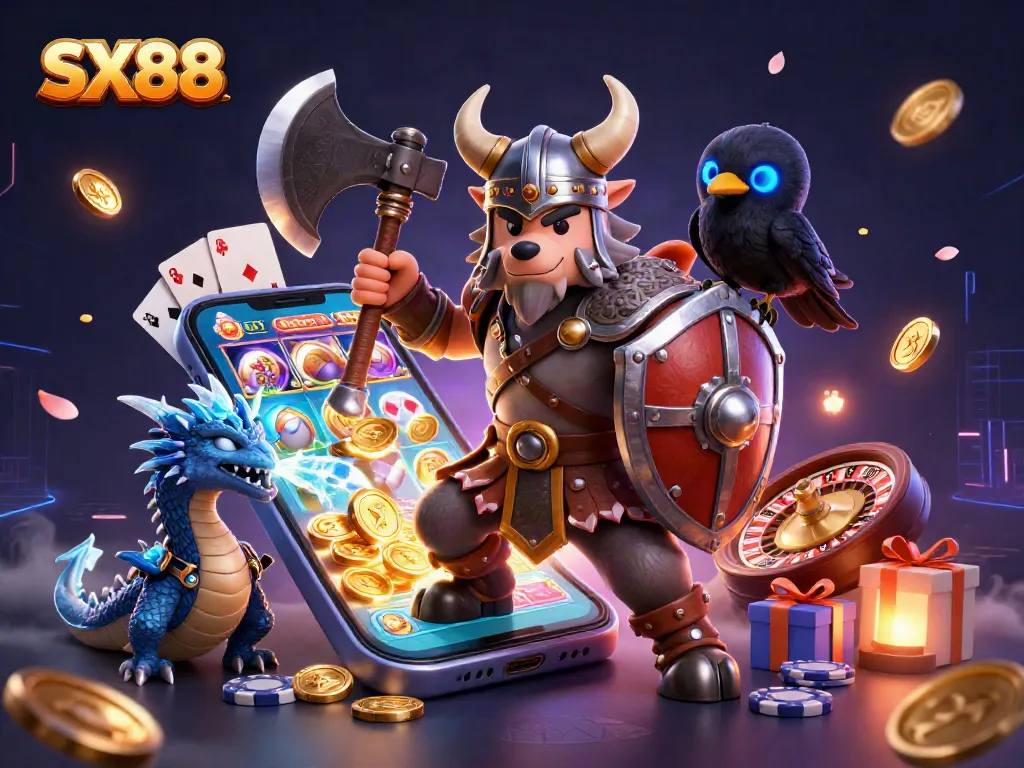 SX88 Viking wolf warrior leads a dynamic casino adventure surrounded by slot games and casino elements.