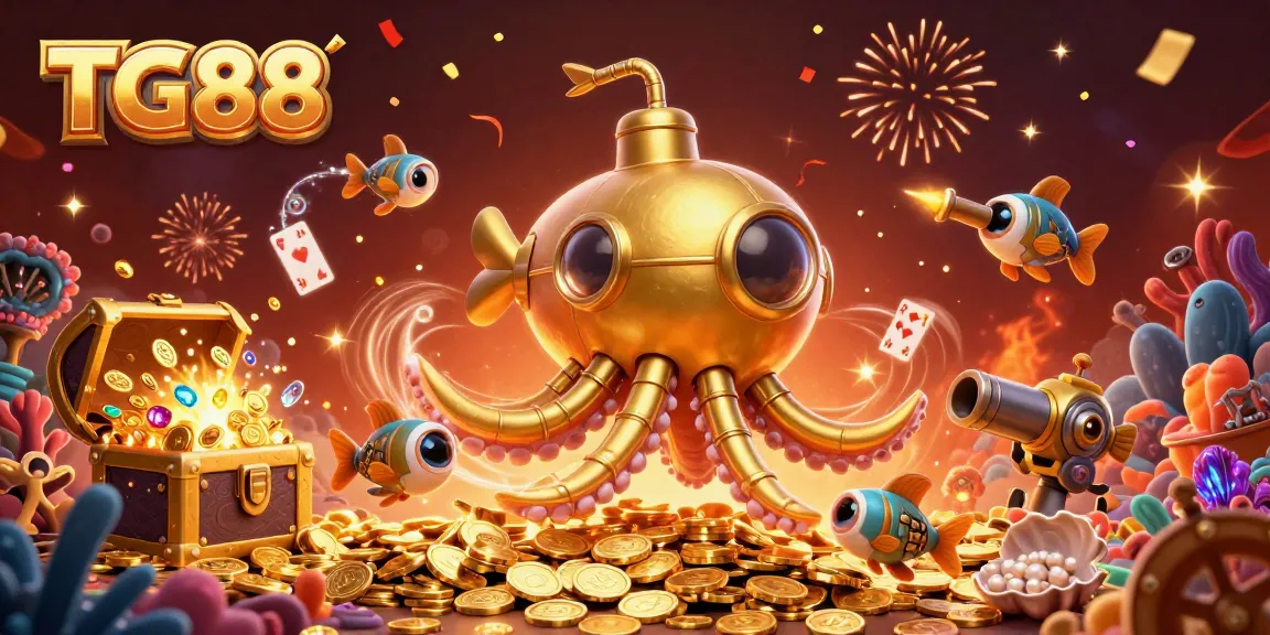 Engage with TG88's thrilling underwater casino adventure featuring a golden kraken submarine.