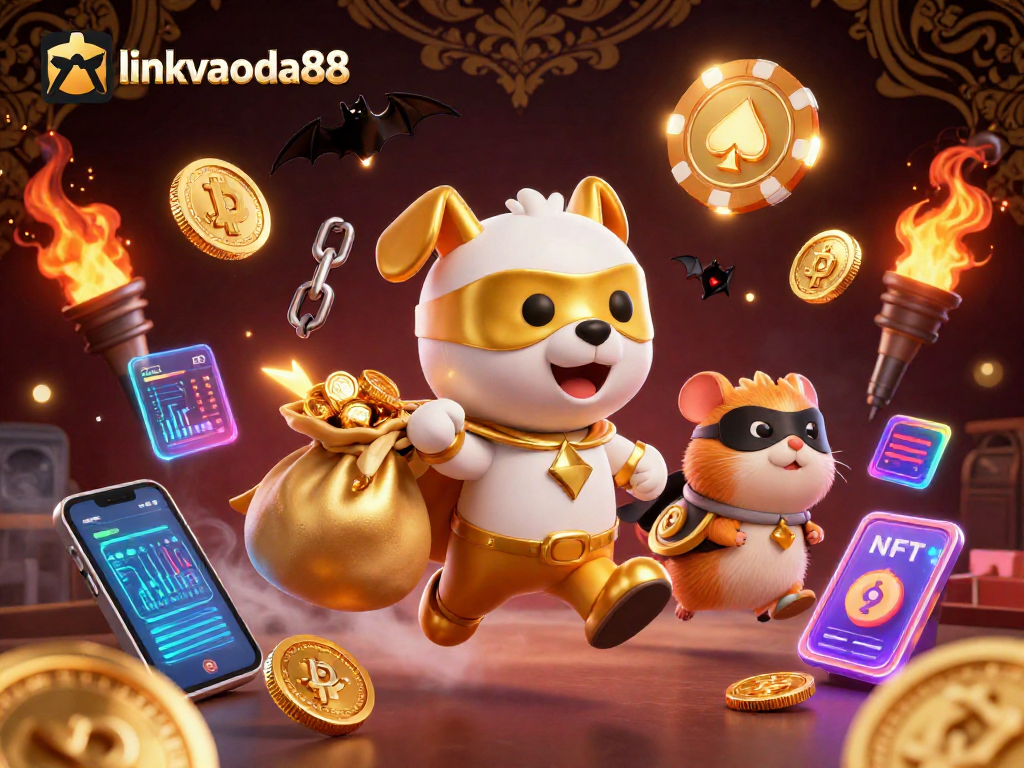 Experience the thrill with linkvaoda88 as a superhero dog flies with gold coins in a vibrant casino world.