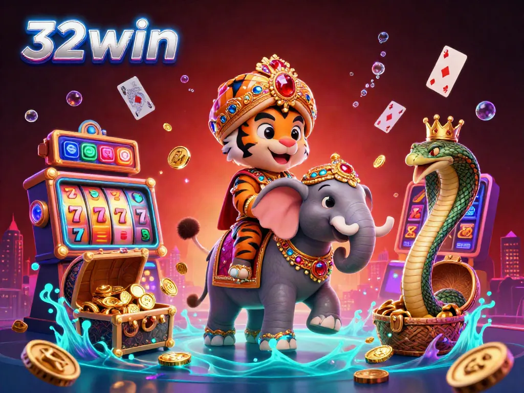 Experience the excitement of 32win with a vibrant casino scene featuring a maharaja tiger and a jewel-encrusted elephant.