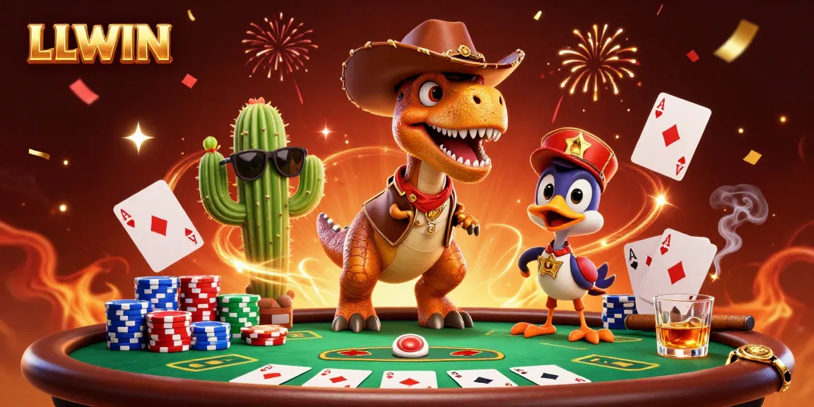 Join the action with LLWIN as the T-Rex card dealer commands the poker table amidst vibrant casino excitement.