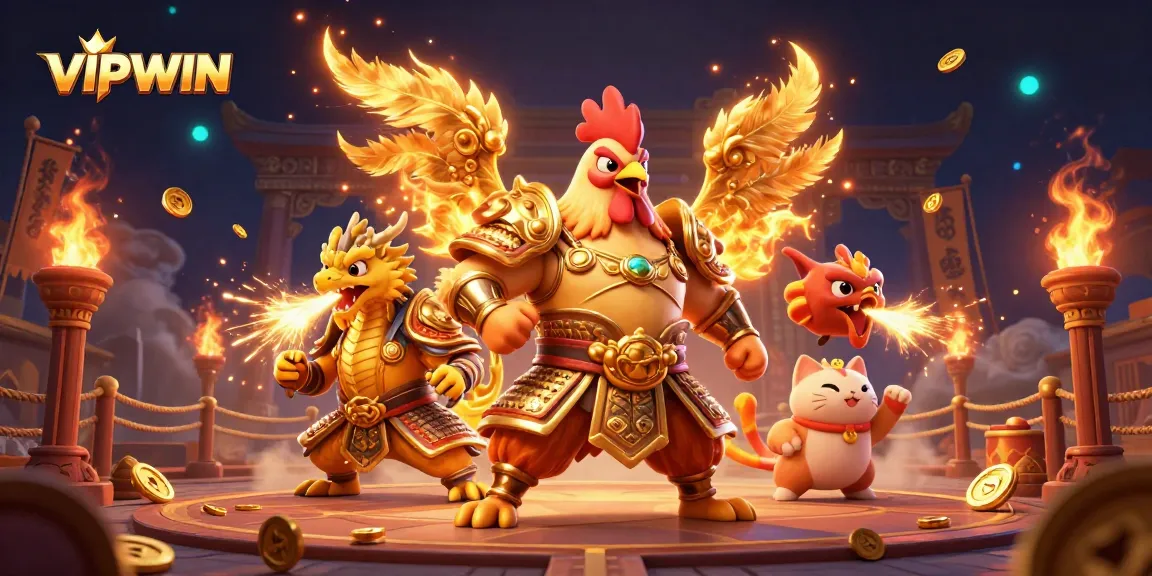 Engage in thrilling battles at VIPWIN with our cartoon rooster warrior and dragon hatchling in a dynamic casino arena.