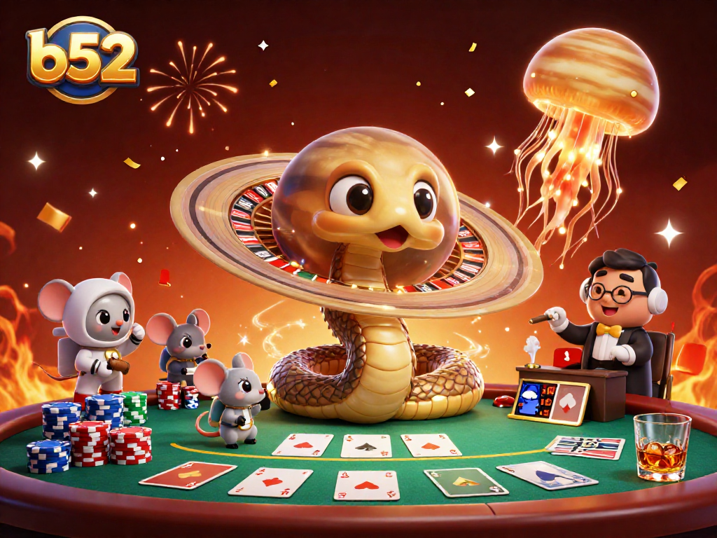 Experience the excitement of b52 as astronaut mice place bets on Saturn's roulette rings in this vibrant casino scene.