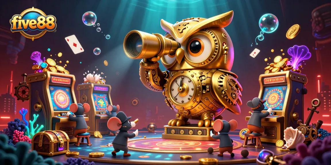Engage with five88's thrilling experience of a vibrant casino scene filled with treasures and animated characters.