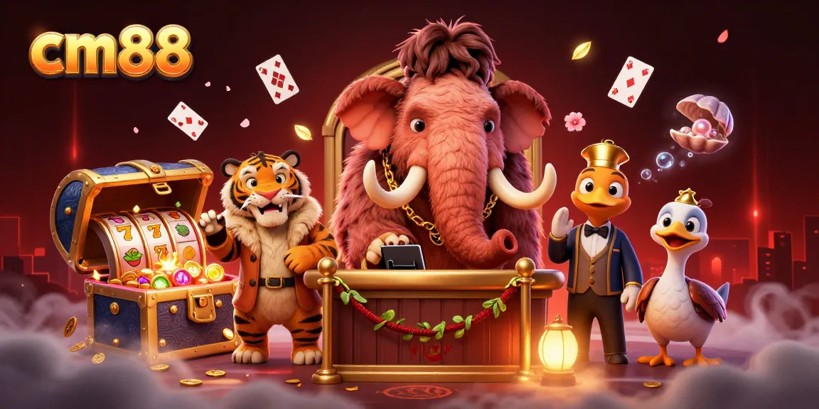cm88 showcases a vibrant casino scene with a mammoth bouncer, VIP saber-tooth tiger, and dynamic slot reels.