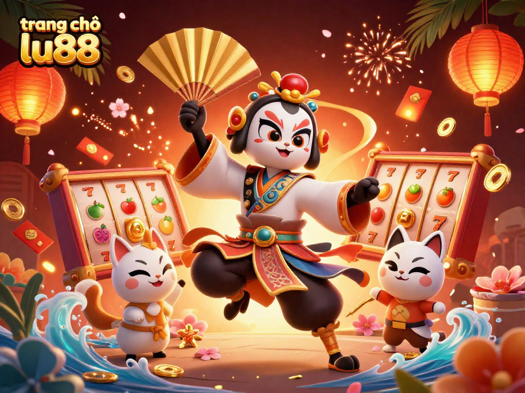 Experience thrilling action at trang chủ lu88 with a vibrant casino illustration of kabuki warriors and slot symbols.