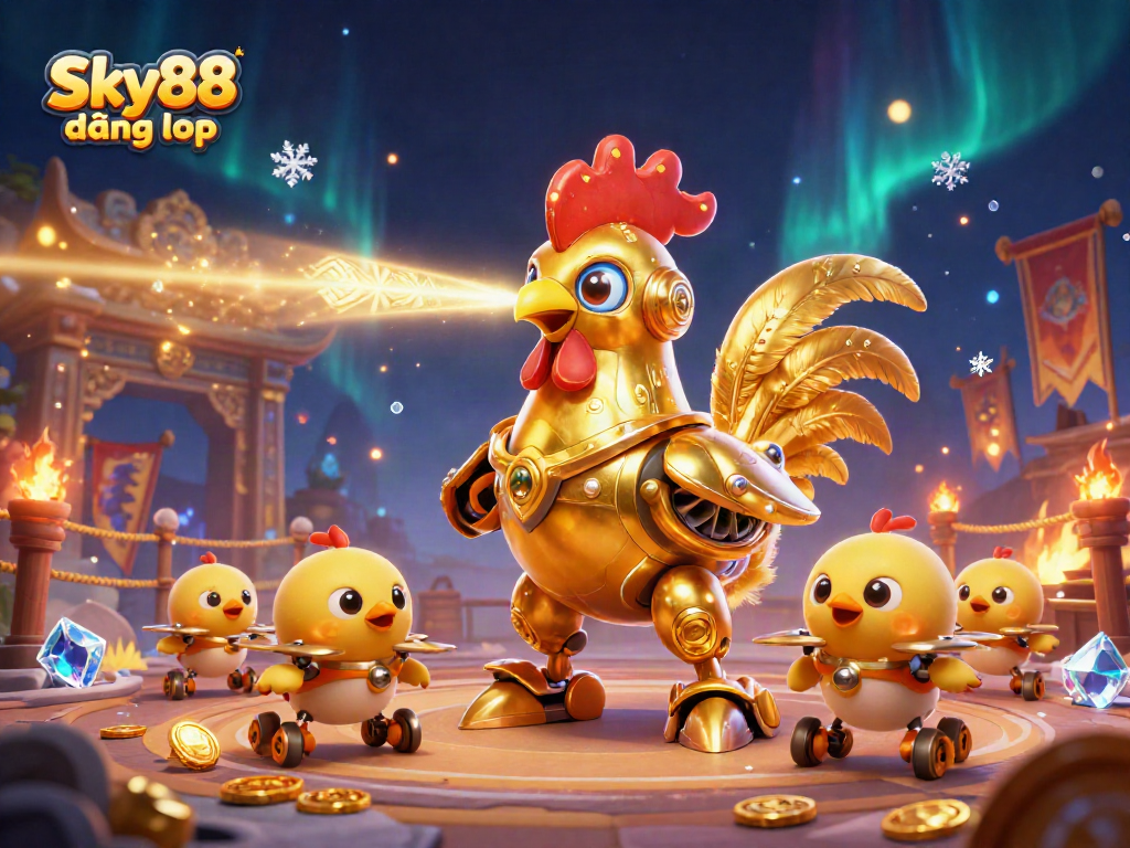 Experience the thrill of Sky88 đăng nhập with a dynamic scene of an epic duel and golden rewards.