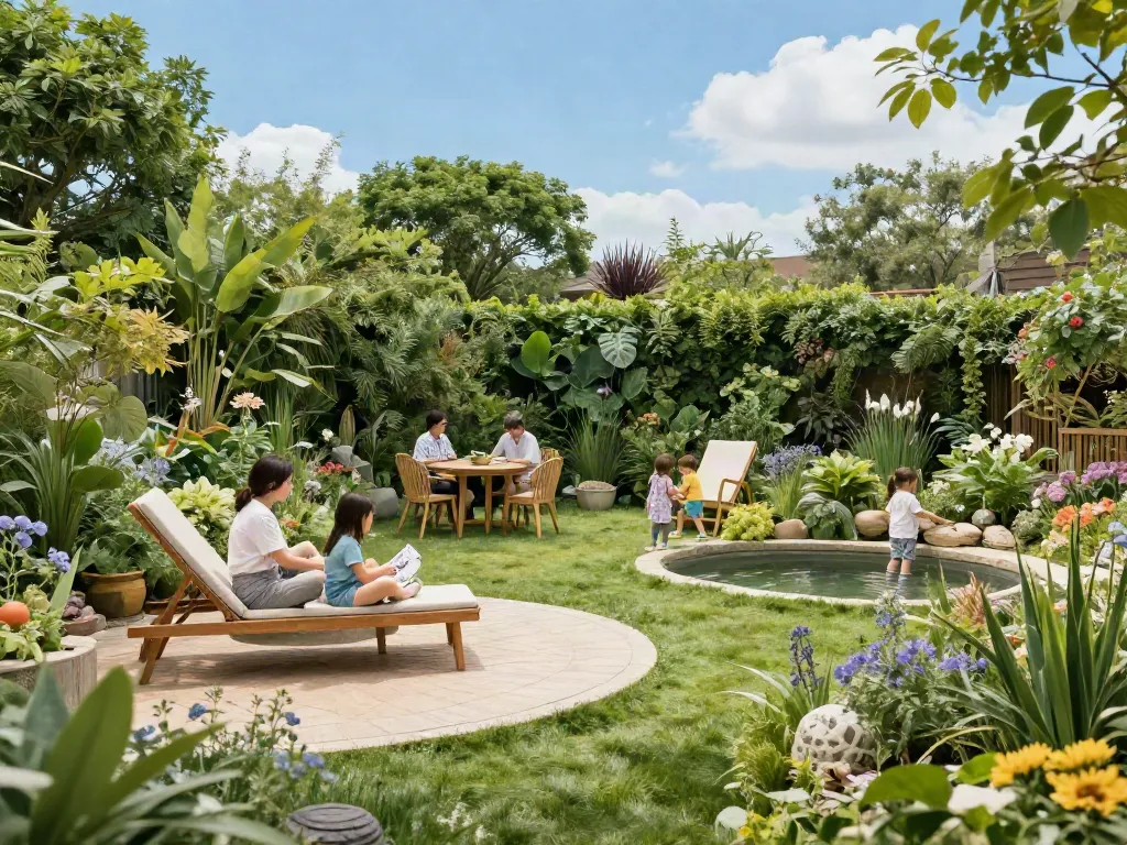 Gezellige tuin met tuinmeubelen en gelukkig gezin, tuin-winkel biedt alles voor jouw tuinplezier.