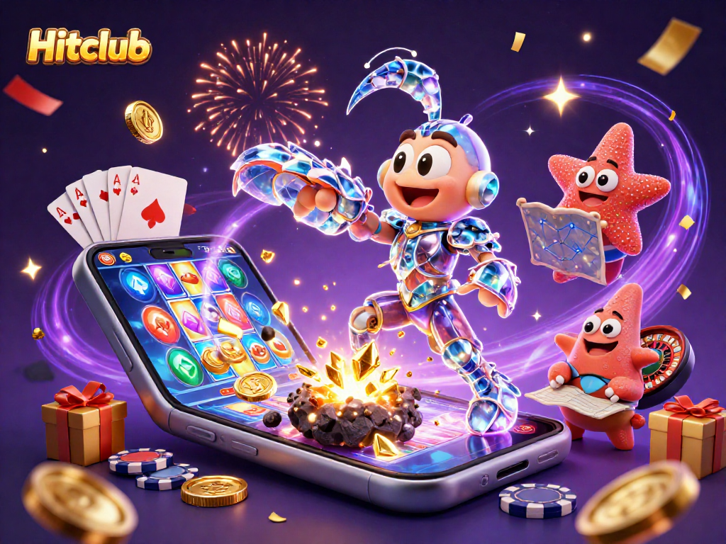 Hitclub players spinning vibrant slot games and winning treasures amidst cosmic action and colorful decorations.