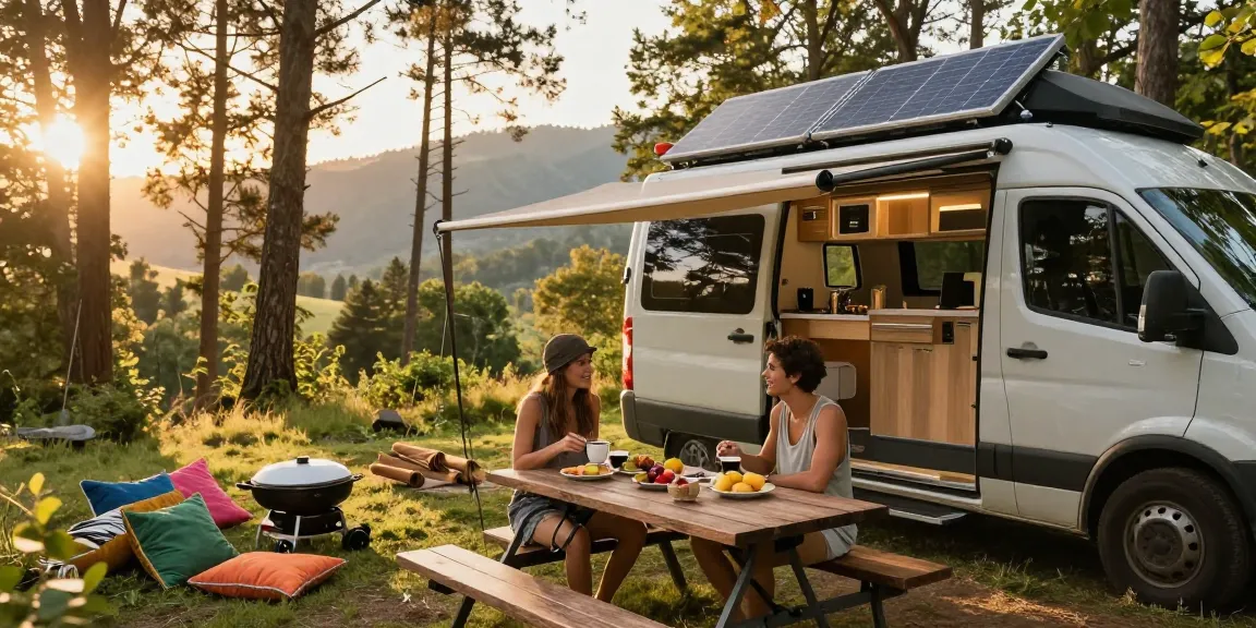 Couple enjoying breakfast by their campervan, showcasing rokok88 van life comfort.