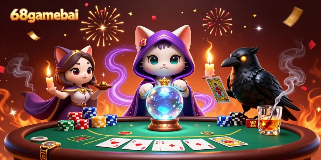 Experience thrilling moments at 68gamebai with a vibrant poker scene featuring mystical characters.