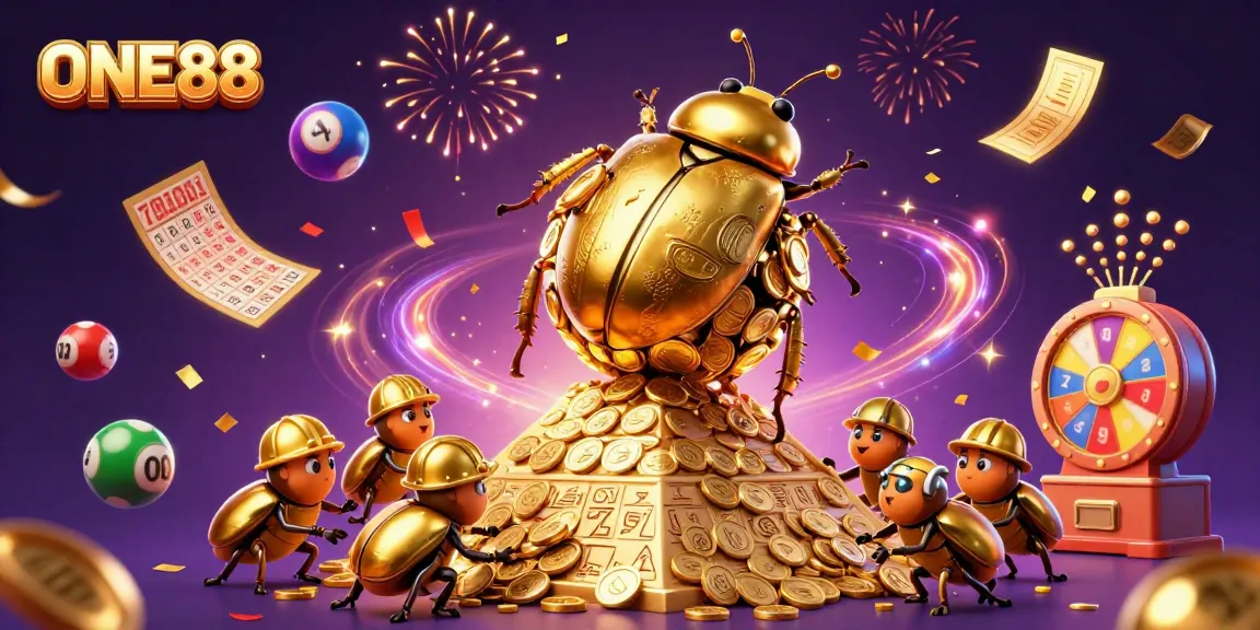 Experience the excitement of ONE88 with a vibrant scene featuring golden beetles and lottery elements.