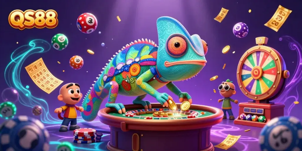 Join the excitement at QS88 where a vibrant chameleon owner engages in thrilling casino adventures.