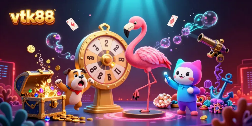 Experience excitement at vtk88 with a flamingo game show host, spinning a prize wheel amidst underwater treasures.