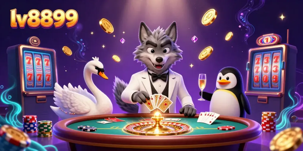 Bet and win at LV8899 with a stylish wolf, elegant swan, and sophisticated penguin in action.