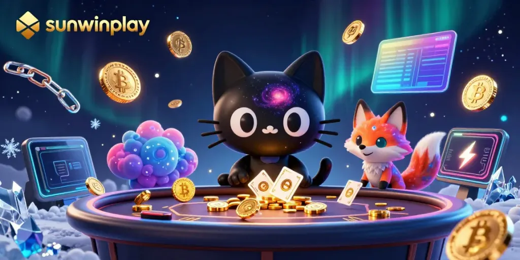 Experience thrilling cosmic gambling action with sunwinplay's unique gaming elements, featuring colorful characters and currencies.