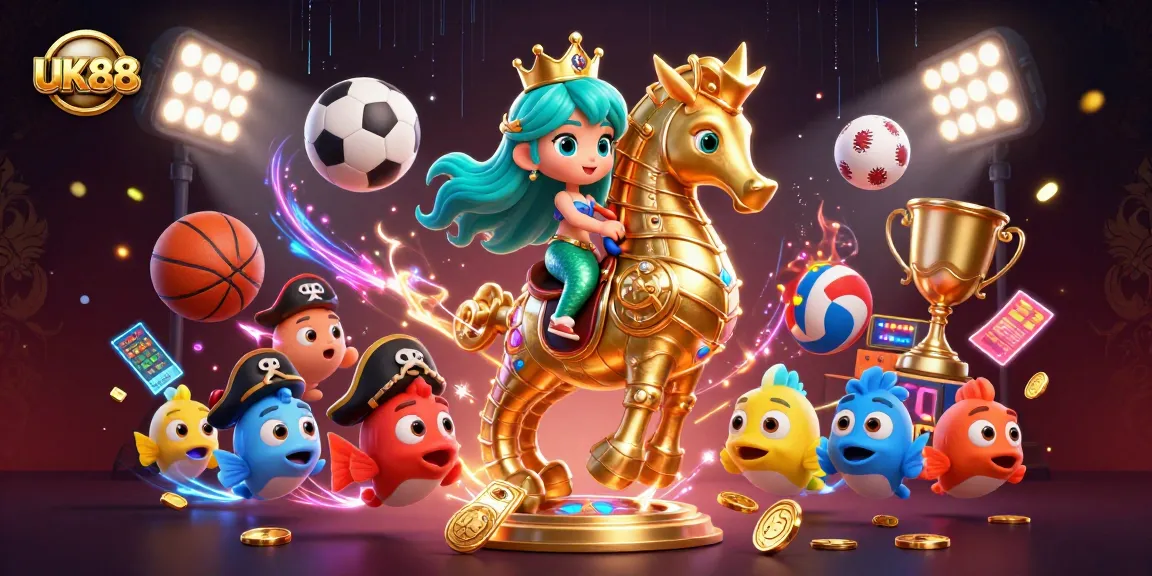 Engage with UK88 as the mermaid princess rides a majestic seahorse amid vibrant sports betting elements.