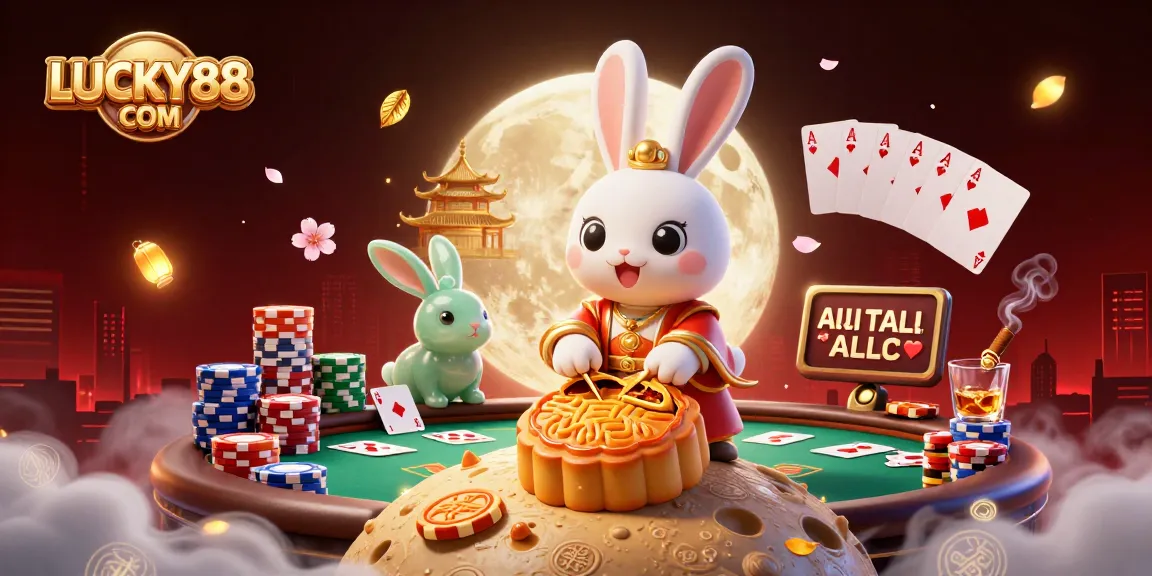 Experience LUCKY88 COM with vibrant casino-themed illustration featuring playful rabbits, poker elements, and rich details.