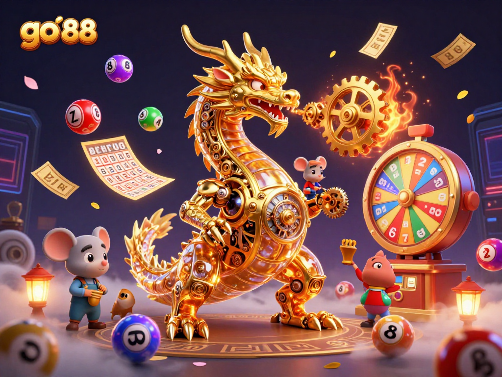 Experience the excitement of go 88 with dynamic golden dragon and lively lottery elements in a vibrant casino scene.