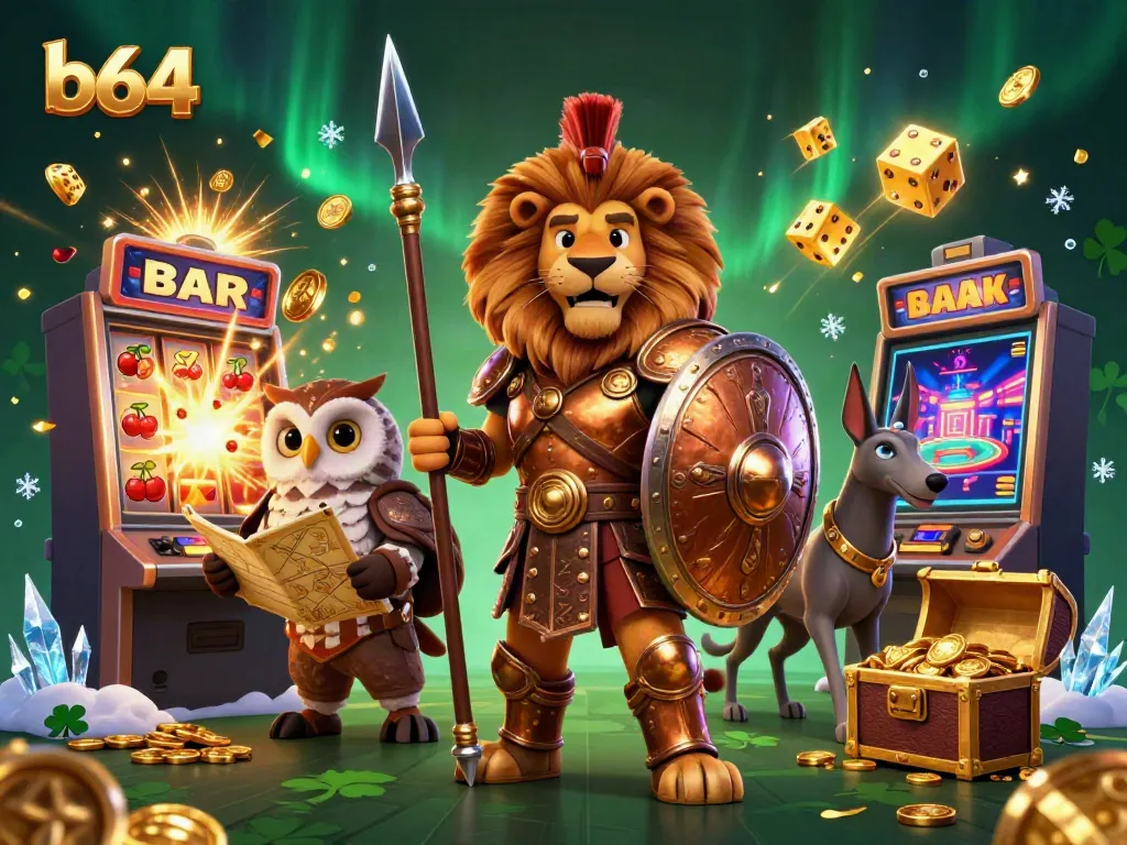 Engage with thrilling b64 jackpots as a Spartan lion leads a victory in a vibrant casino scene.