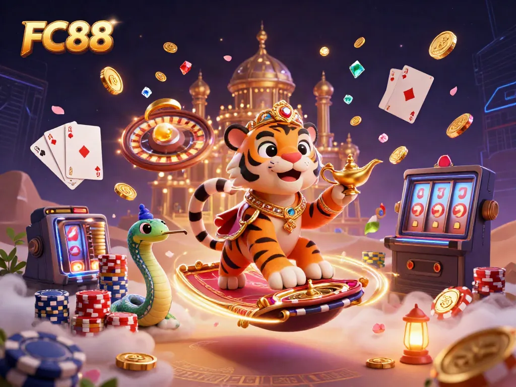 Experience the vibrant entertainment world of FC88 with a cartoon tiger sultan soaring on a carpet made of poker chips amidst sparkling gems and coins.