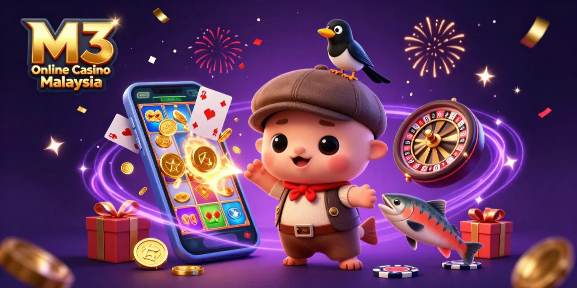 M3 Online Casino Malaysia brings vibrant gambling excitement with a 3D cartoon scene of Nessie and friends.