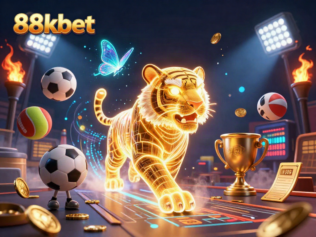 The 88kbet golden tiger prowls a vibrant digital casino, enhancing the gaming experience with dynamic sports elements.