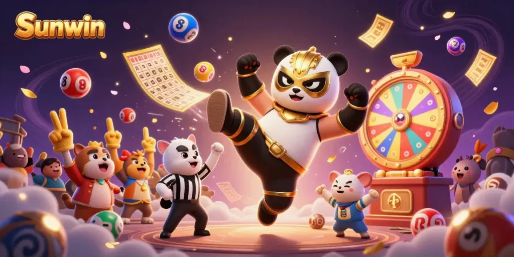 Sunwin's vibrant display of excitement with a wrestling panda and animated characters amid balloons and tickets.