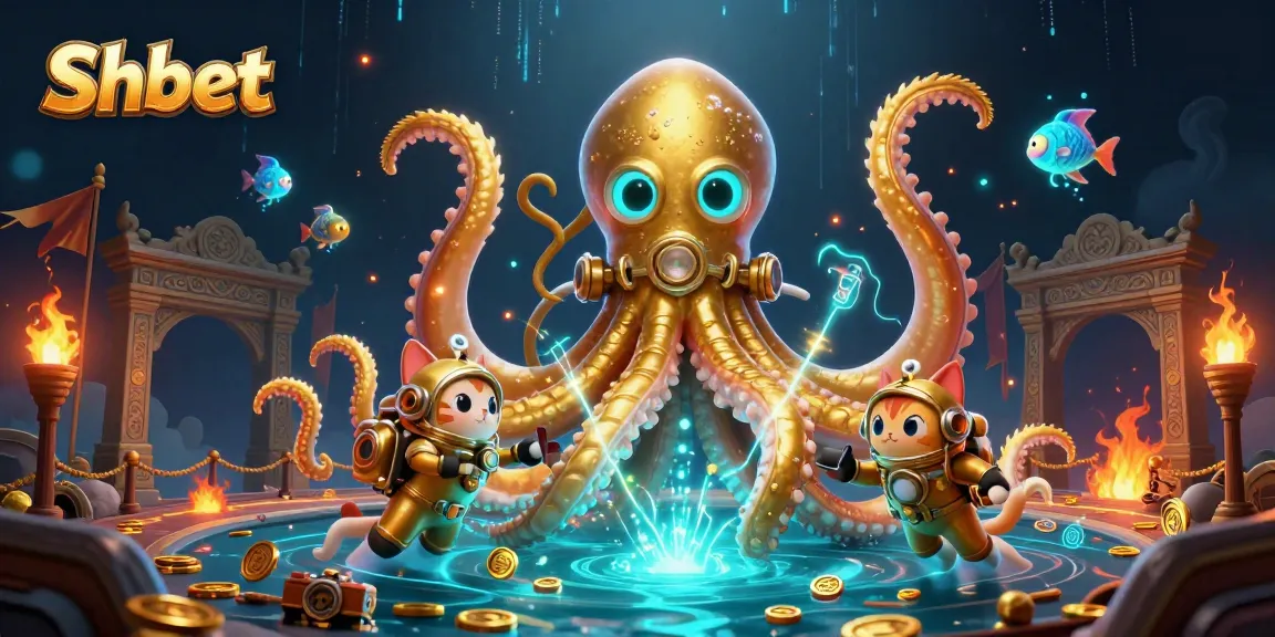 Experience thrilling gaming at Shbet with a vibrant underwater casino scene featuring kraken and diving cat.