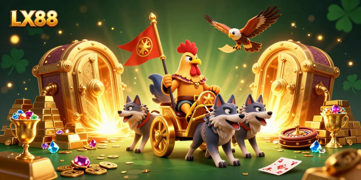 Engage in lively casino action with LX88 showcasing a rooster warlord and golden treasures.