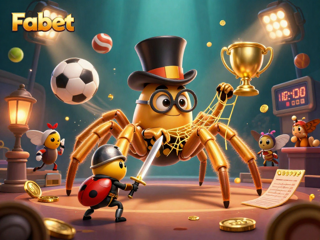 Experience Fabet's thrilling action with a golden tarantula weaving a web among dynamic sports elements.