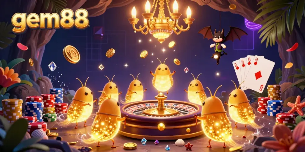 Experience thrilling gameplay at gem88 with lively glowworms and bat dealer illuminating a cave casino.