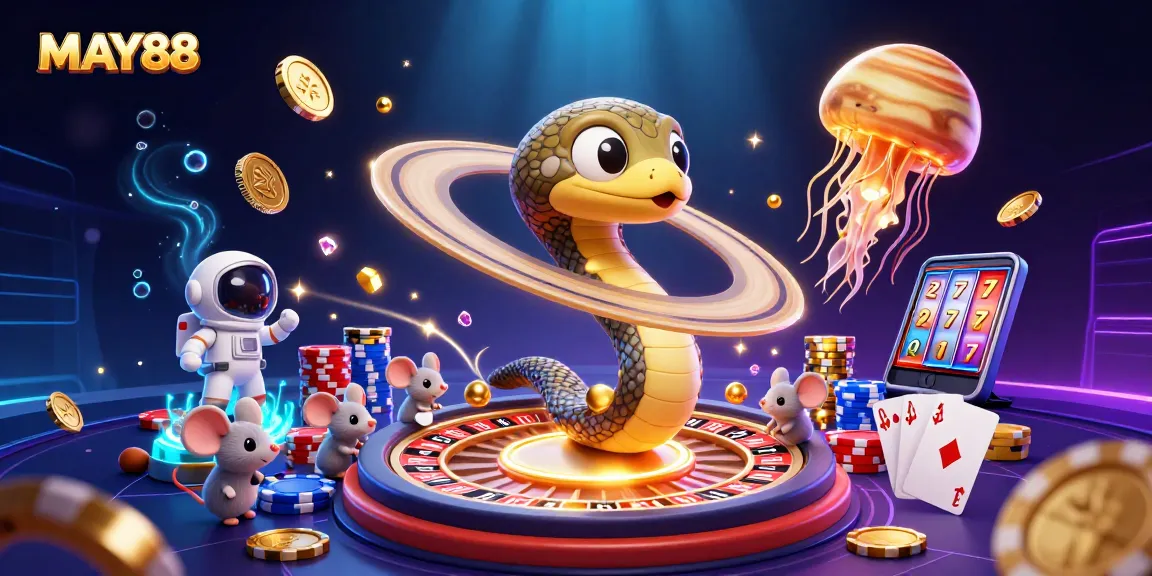 MAY88 captures the thrill of gambling with a cosmic-themed 3D illustration featuring a Saturn ring snake and roulette wheel.