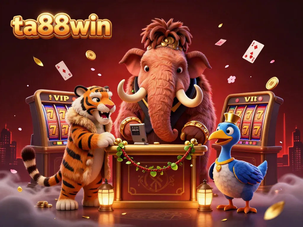 Engage with ta88win's vibrant 3D casino illustration featuring dynamic characters and exciting game elements.