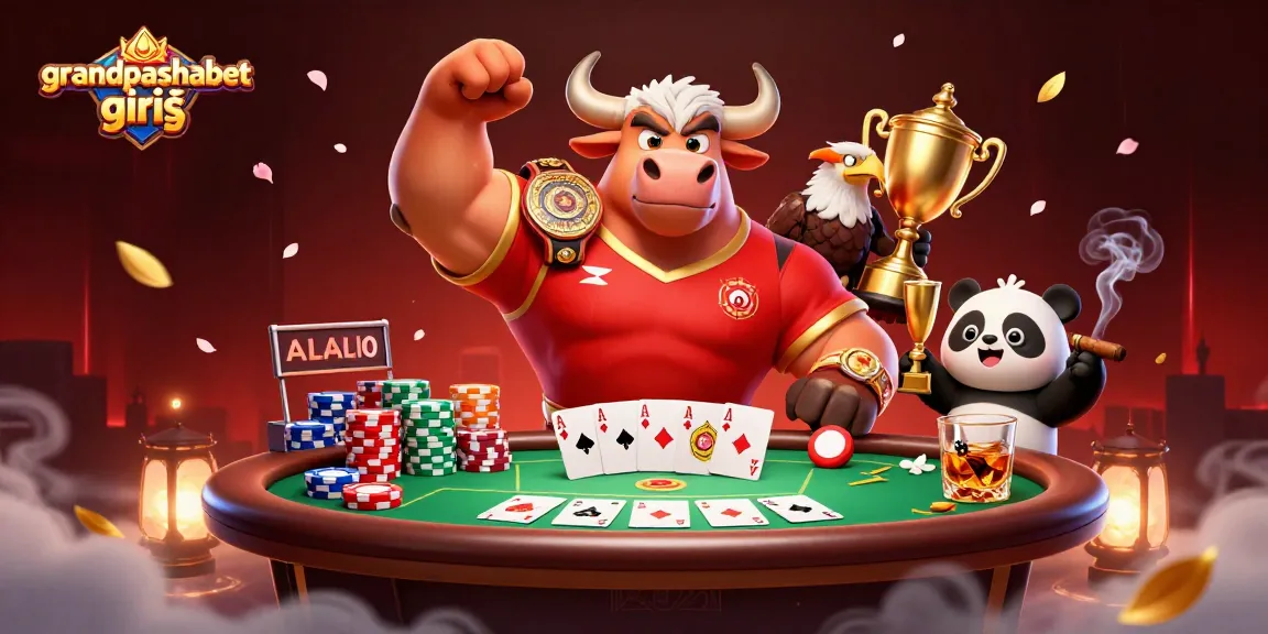 Engage with grandpashabet giriş in a vibrant casino scene featuring a victorious bull mascot and a cheerful panda.