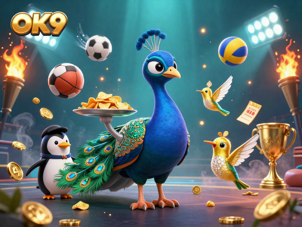Bet on your skills with OK9 in a vibrant casino scene filled with dynamic sports elements.