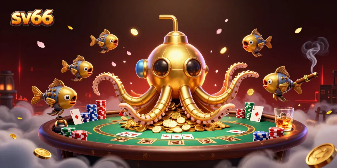 Players enjoy sv66's thrilling poker experience with a golden kraken submarine amidst vibrant casino elements.